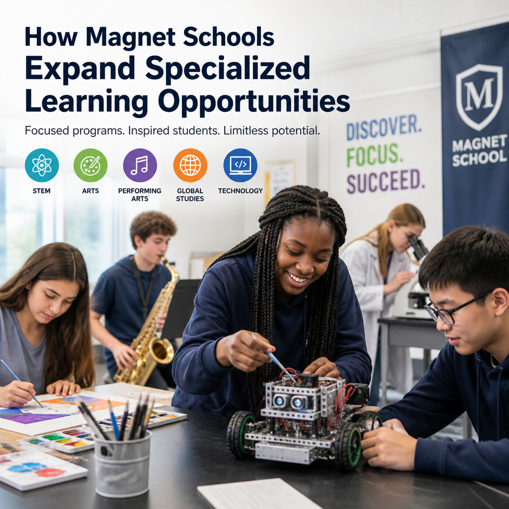 Students in a magnet school classroom doing hands-on STEM activities at lab tables.