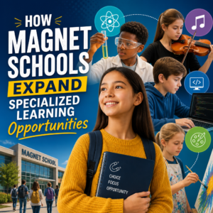 Diverse students in a magnet school classroom doing specialized learning activities in STEM, arts, and language.