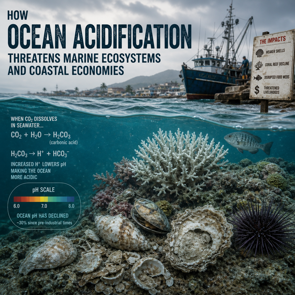 Infographic showing ocean acidification, chemical reactions, pH scale, and threats to marine ecosystems and coastal economies