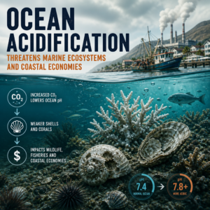 Infographic showing ocean acidification harming shells, corals, fish, and coastal economies
