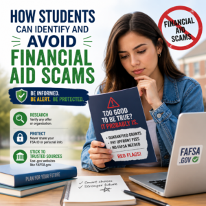 Student reviewing financial aid scam warning signs and trusted sources to protect money and aid eligibility