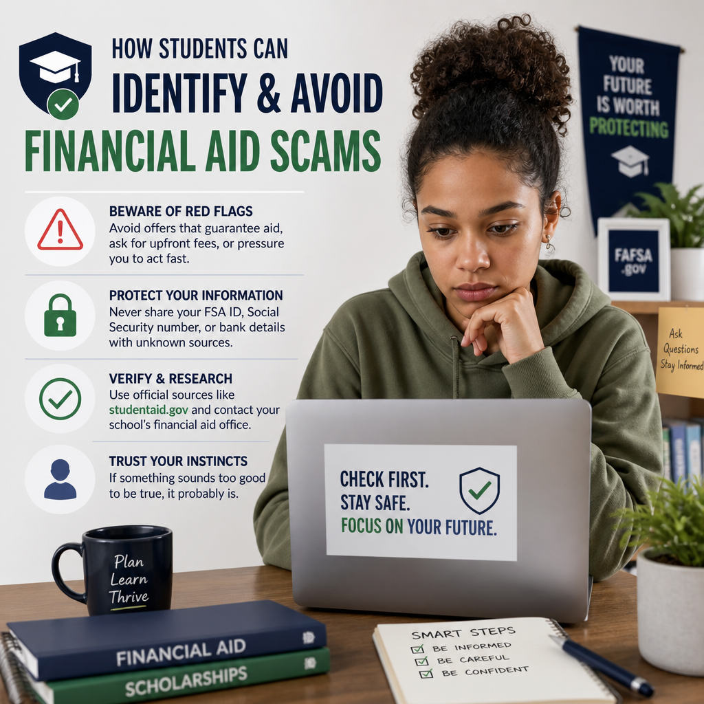 Student reviewing financial aid scam warning signs and protecting personal information