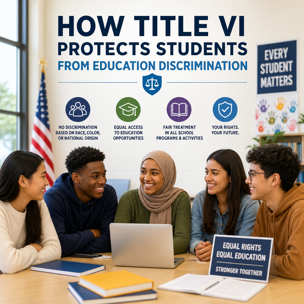 Diverse students discussing Title VI protections against education discrimination in a classroom.
