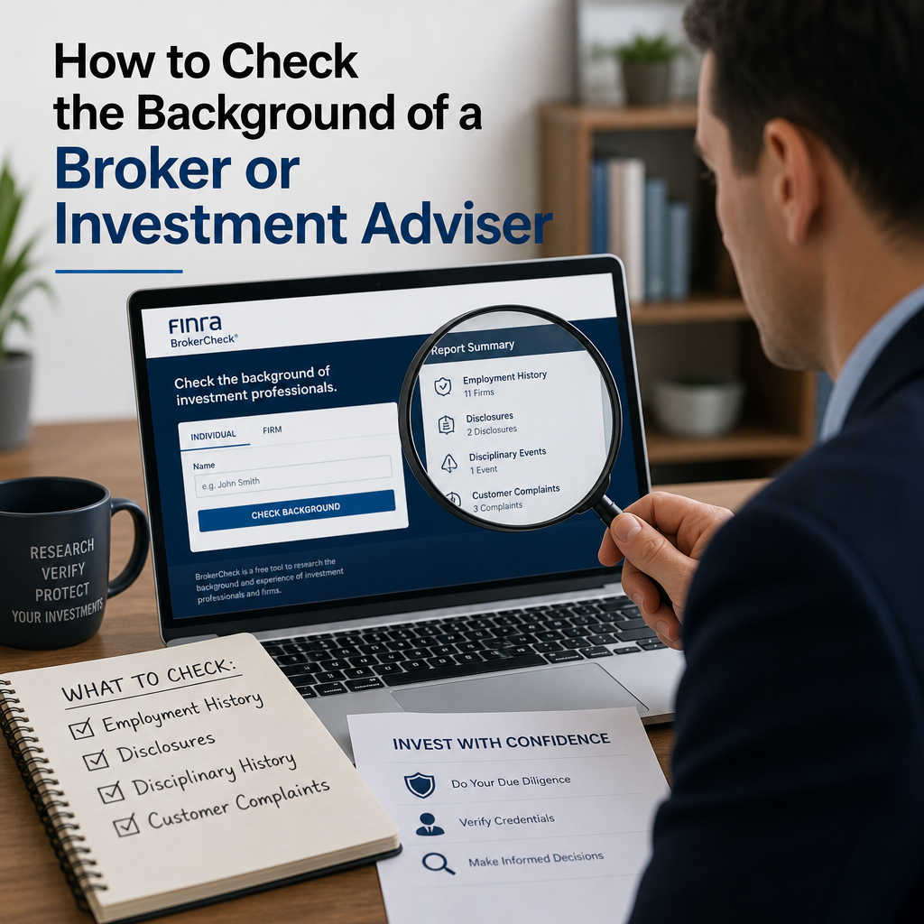 Man using a laptop to research a broker or investment adviser on FINRA BrokerCheck.
