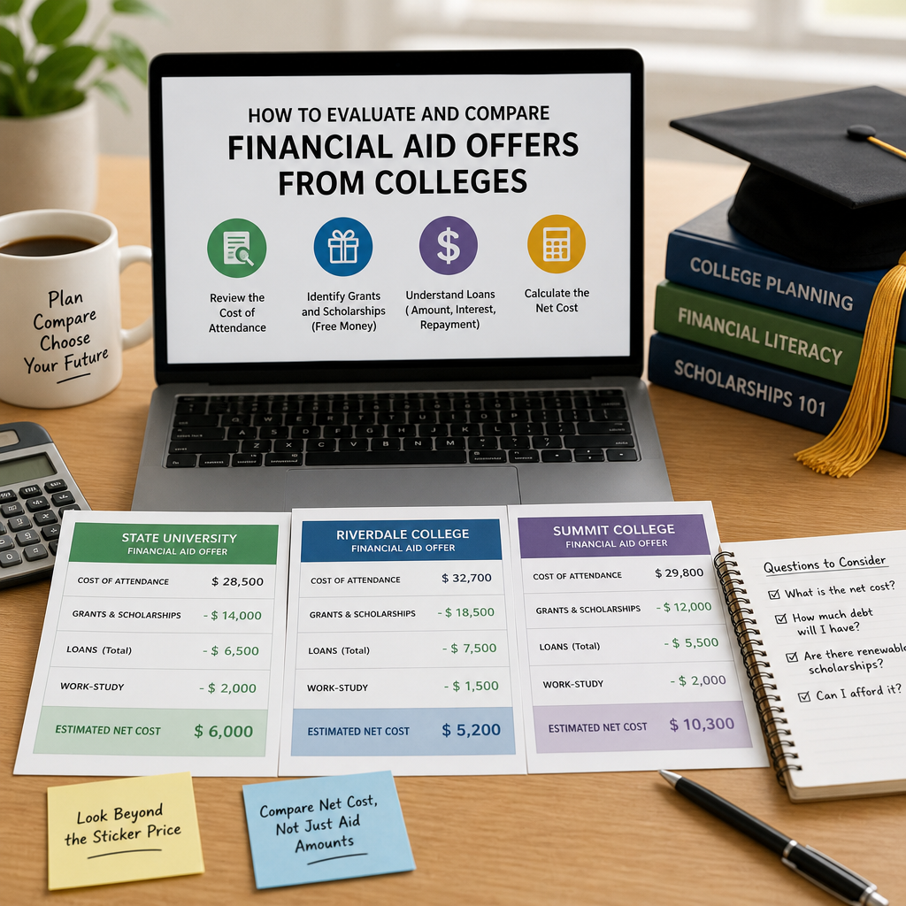 Laptop showing tips for comparing financial aid offers, with college planning books and notes on a desk.