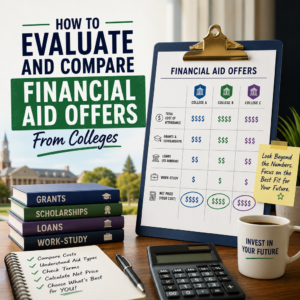 Infographic comparing financial aid offers from colleges, including grants, scholarships, loans, and work-study options.