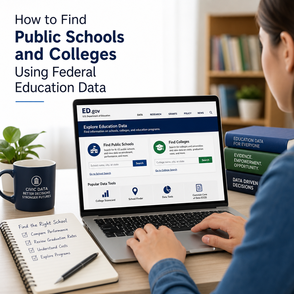 Person using a laptop to search public schools and colleges with federal education data