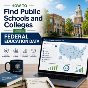 Person using federal education data to search and compare public schools and colleges on a computer