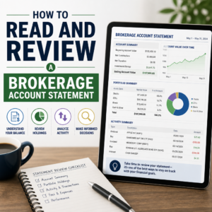 Flowchart for reading a brokerage account statement, with steps to review balance, holdings, and activity