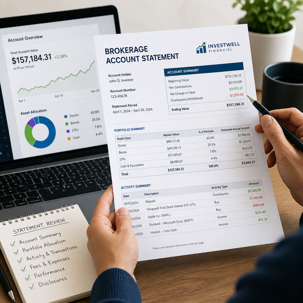 Person reviewing a brokerage account statement and financial portfolio on a laptop