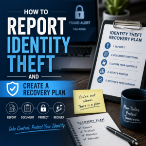 How-to guide graphic on reporting identity theft and creating a recovery plan, with step-by-step guidance
