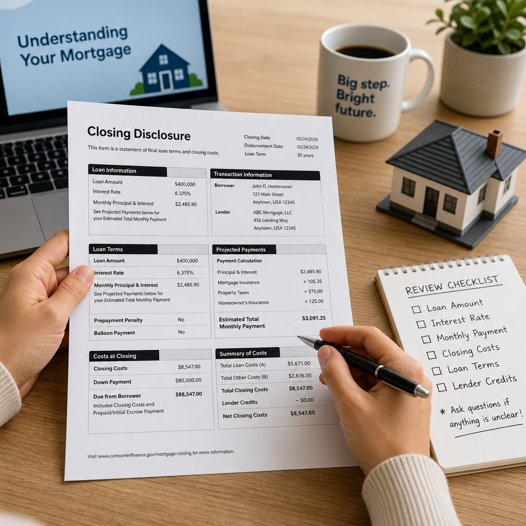 Person reviewing a mortgage closing disclosure with checklist, laptop, coffee, and house model on the table.