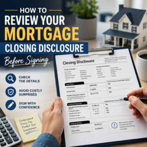 Checklist beside mortgage closing disclosure on a desk, with pen and calculator, ready for review before signing