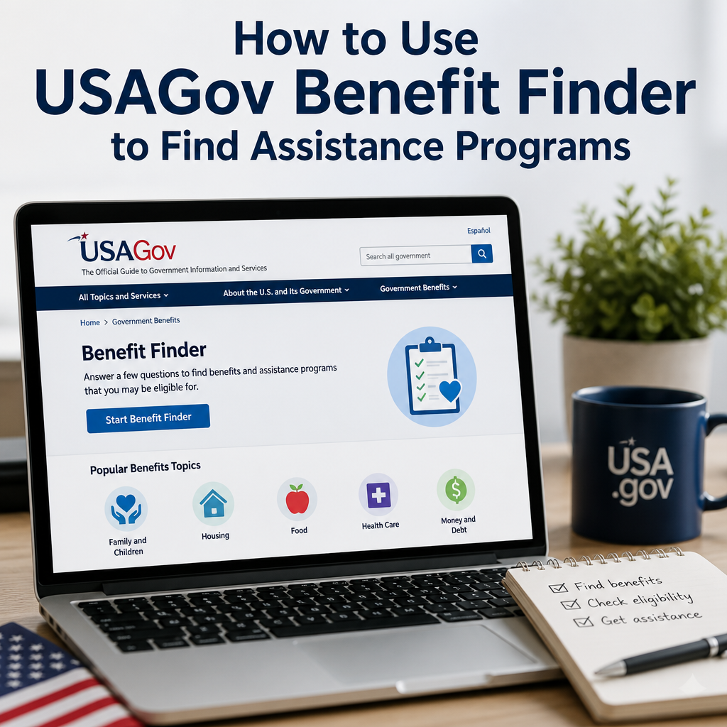 USAGov Benefit Finder tool on a laptop screen for finding government assistance programs
