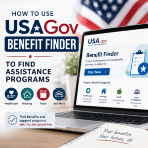 USA.gov Benefit Finder on a laptop screen showing assistance programs for healthcare, housing, food, and cash aid