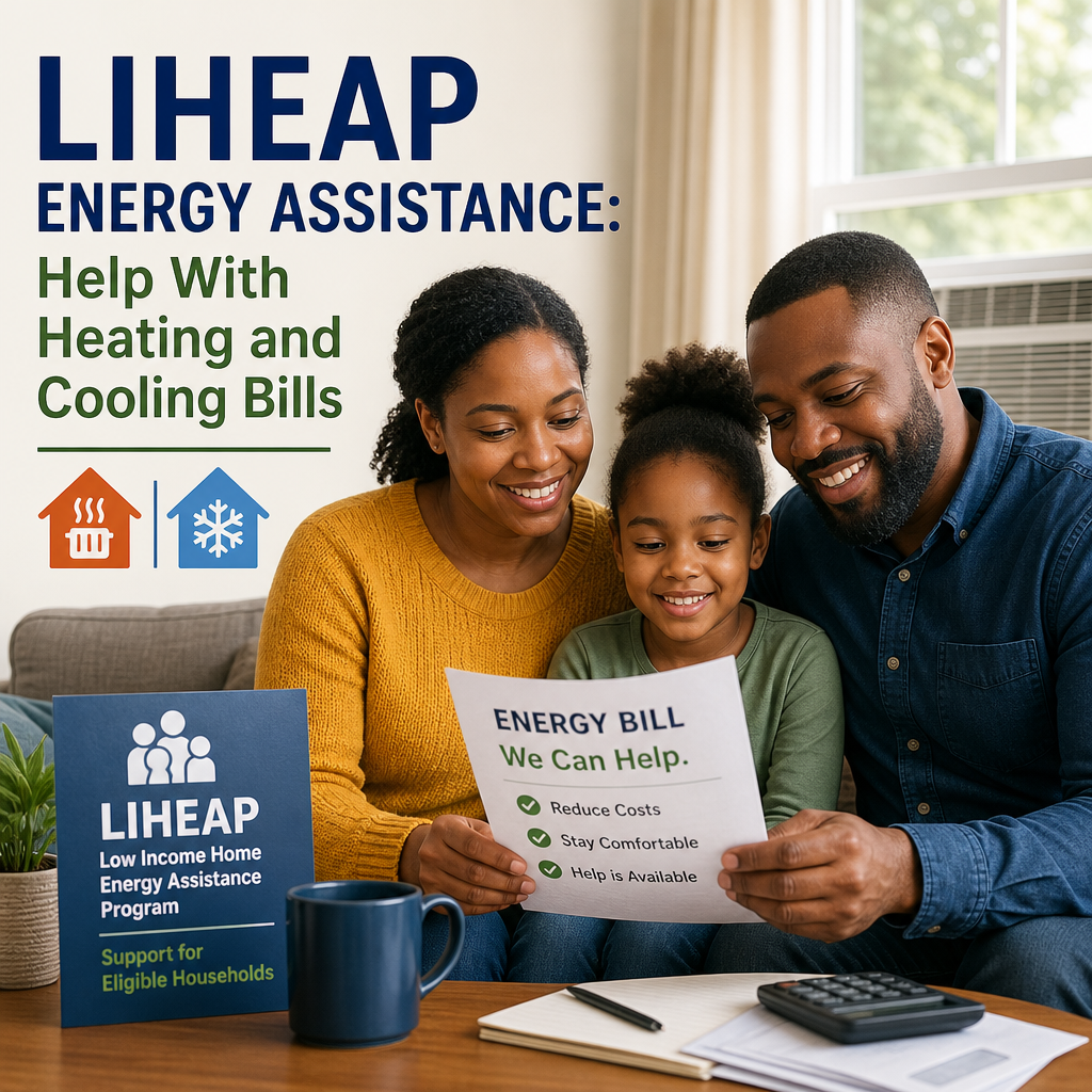 Happy family reviewing LIHEAP energy assistance information for heating and cooling bill support