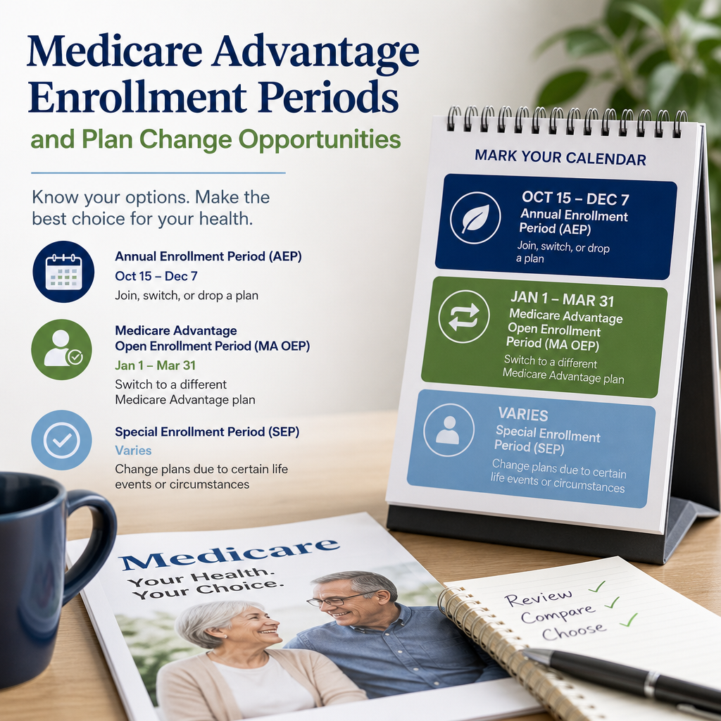 Guide to Medicare Advantage enrollment periods and plan change options with calendar and informational materials