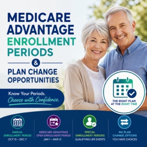 Happy senior couple smiling beside text about Medicare Advantage enrollment periods and plan change opportunities