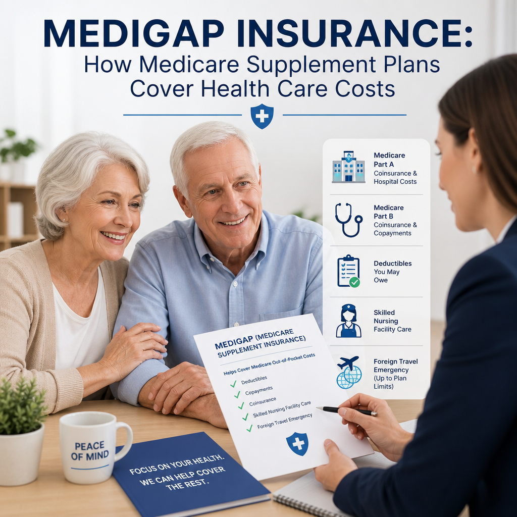Senior couple talking with a healthcare advisor about Medigap insurance plans