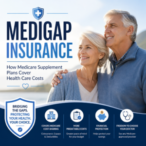 Happy senior couple reviewing Medigap insurance information on Medicare supplement plans and health care coverage