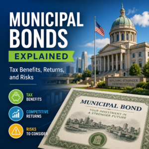 Informative graphic explaining municipal bonds, including tax benefits, returns, and risks.