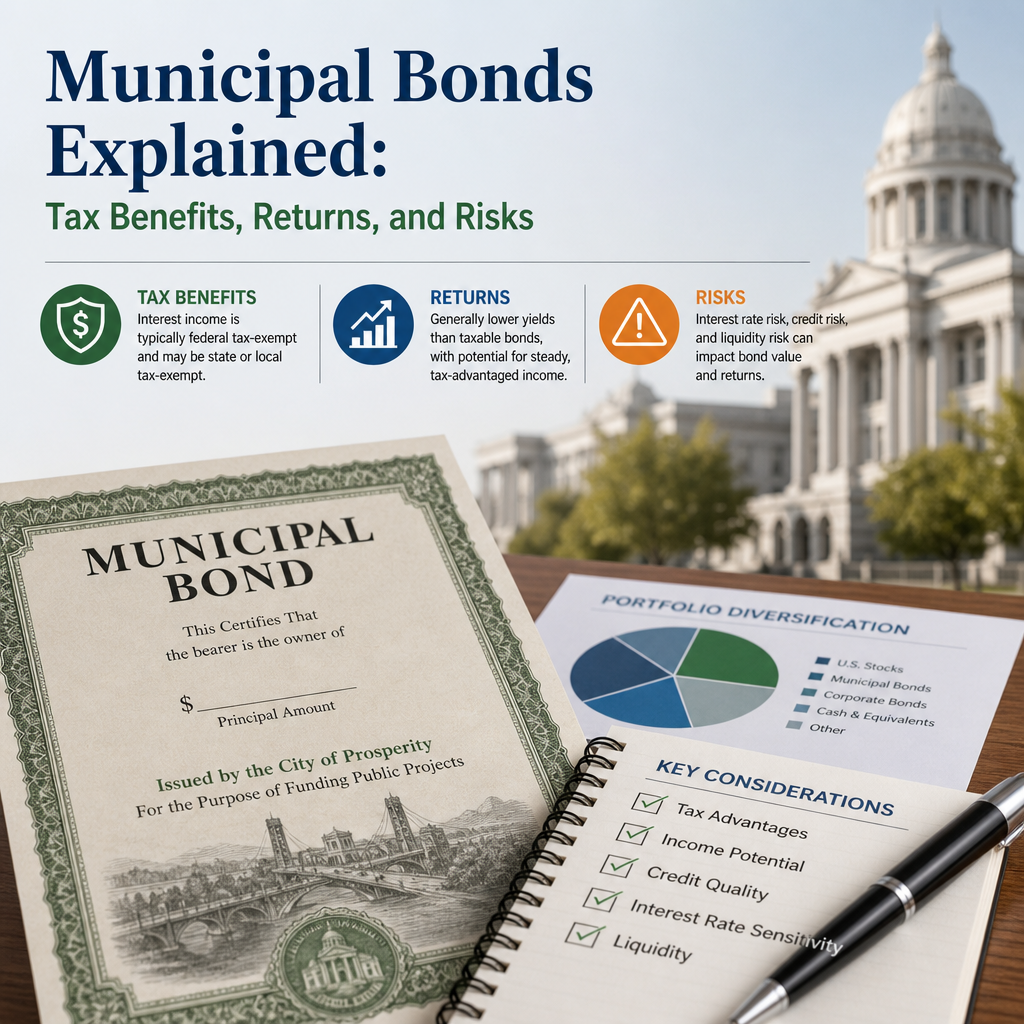 Infographic explaining municipal bonds, showing tax benefits, returns, risks, and portfolio diversification.