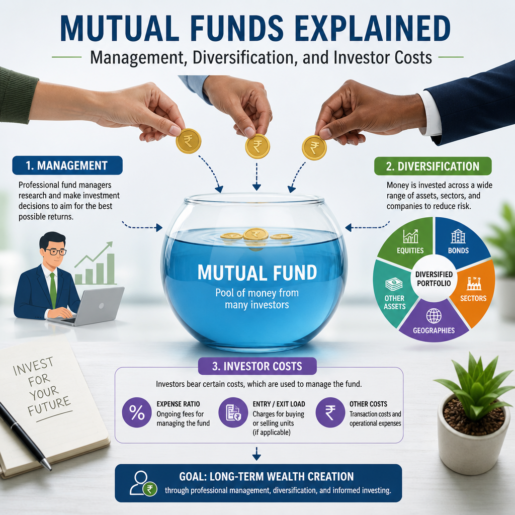 Infographic explaining mutual funds, including management, diversification, costs, and long-term wealth growth
