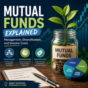 Infographic explaining mutual funds, including management, diversification, costs, and asset allocation.