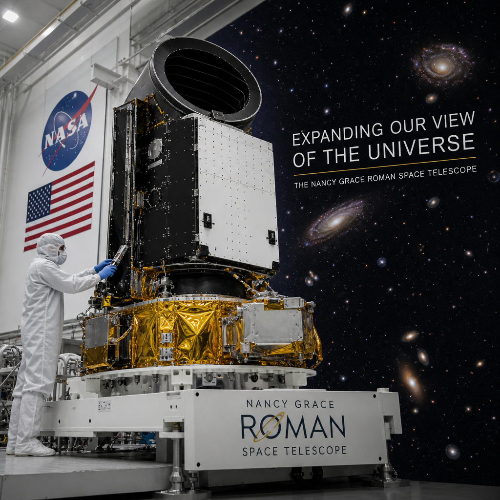 NASA engineer working on the Roman Space Telescope with galaxies and stars in the background