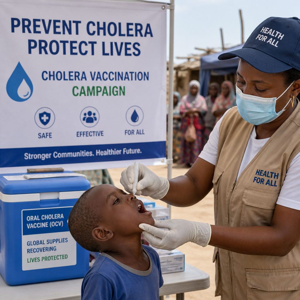 Healthcare worker giving a child oral cholera vaccine during a vaccination campaign