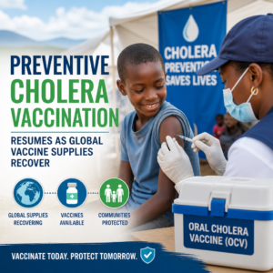 Healthcare worker giving a preventive cholera vaccination to a smiling child.