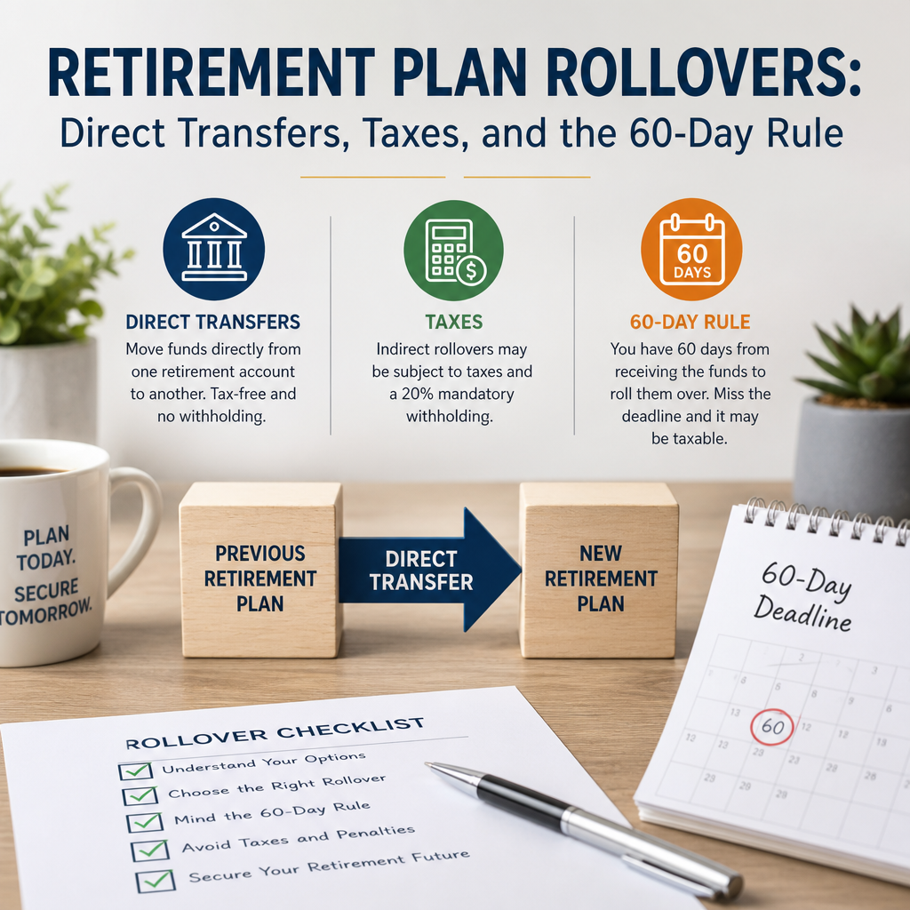 Infographic on retirement plan rollovers, direct transfers, taxes, and the 60-day rule with checklist and calendar.