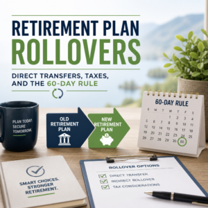 Infographic explaining retirement plan rollovers, direct transfers, taxes, and the 60-day rollover rule