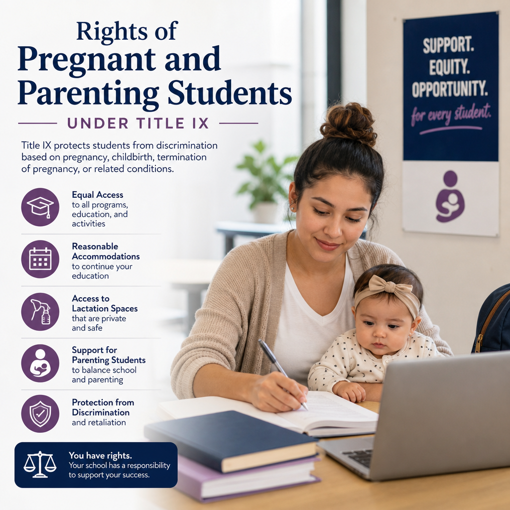 Infographic on Title IX rights for pregnant and parenting students, including enrollment, participation, and support protecti