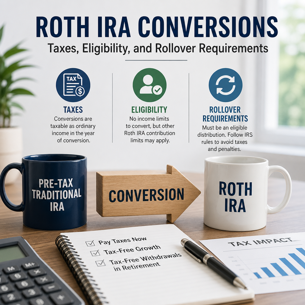 Infographic explaining Roth IRA conversions, including taxes, eligibility, and rollover requirements.