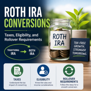 Infographic explaining Roth IRA conversions, taxes, eligibility, and rollover requirements for tax-free growth