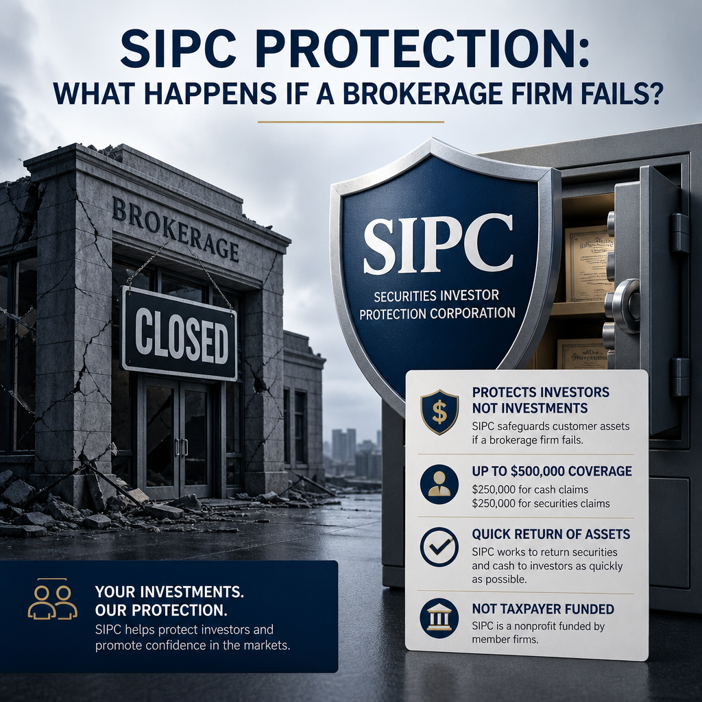 SIPC protection infographic showing coverage limits and investor safeguards if a brokerage firm fails