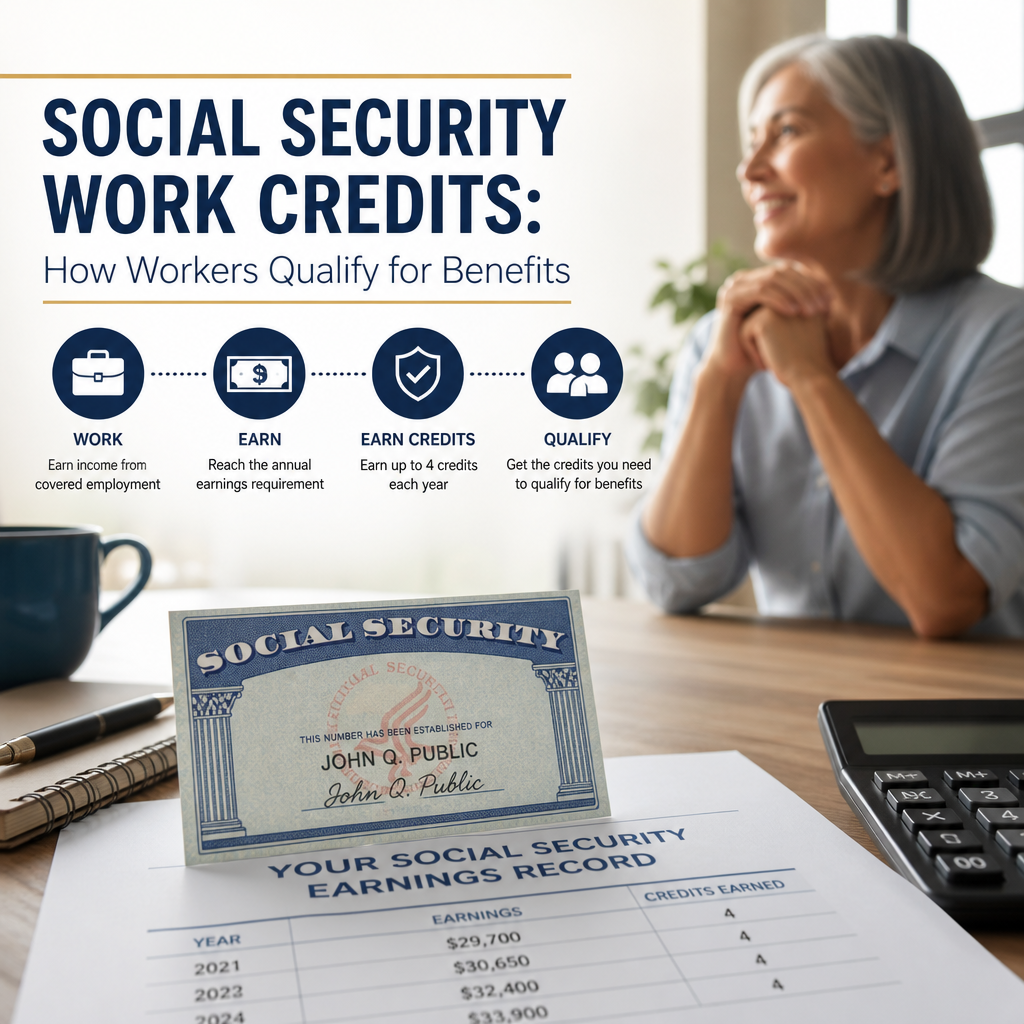 Social Security work credits explained with documents and a woman planning her benefits