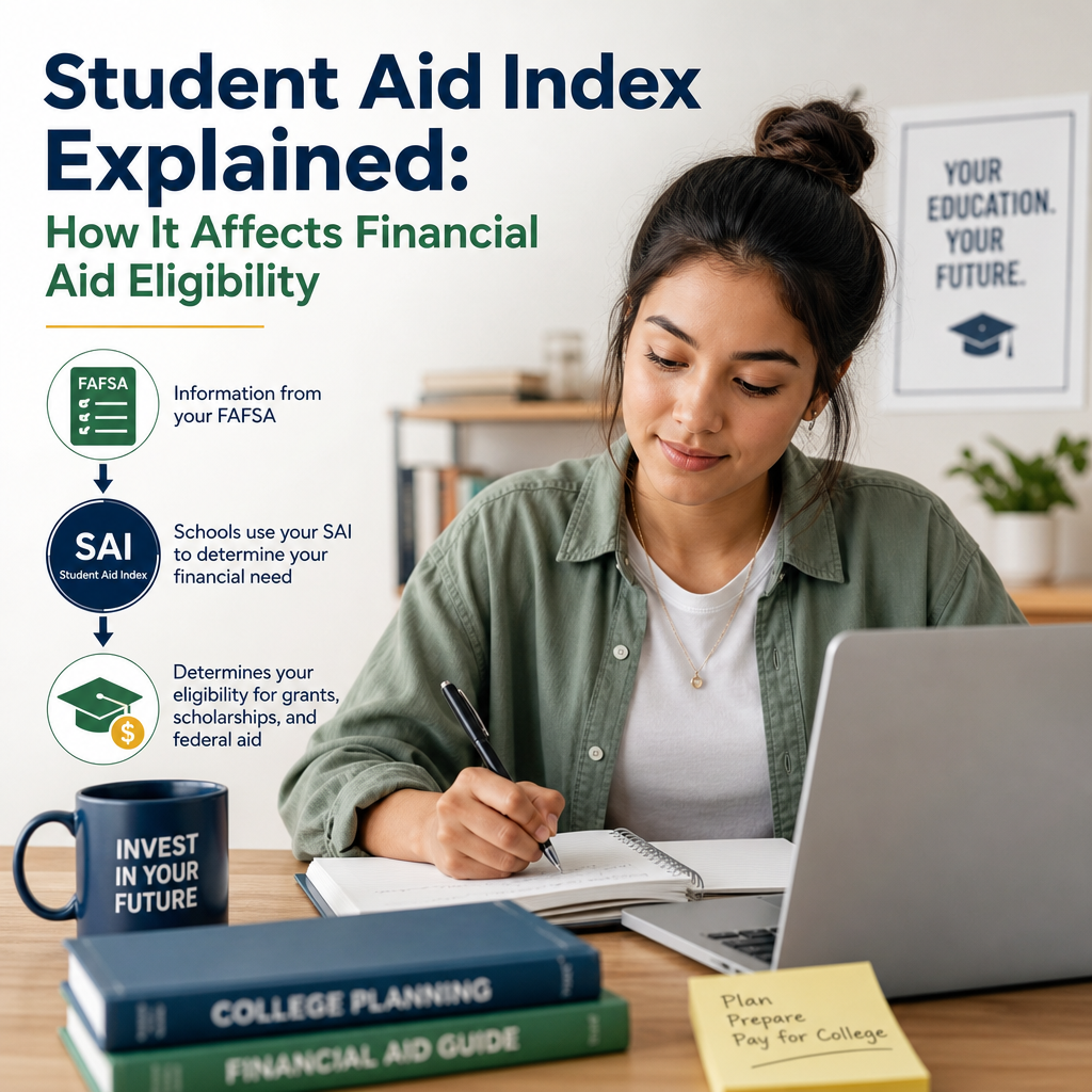 Young woman reviewing Student Aid Index guide and college financial aid planning resources