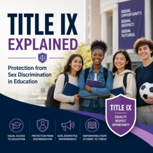 Diverse students standing together with Title IX explained text about protection from sex discrimination in education