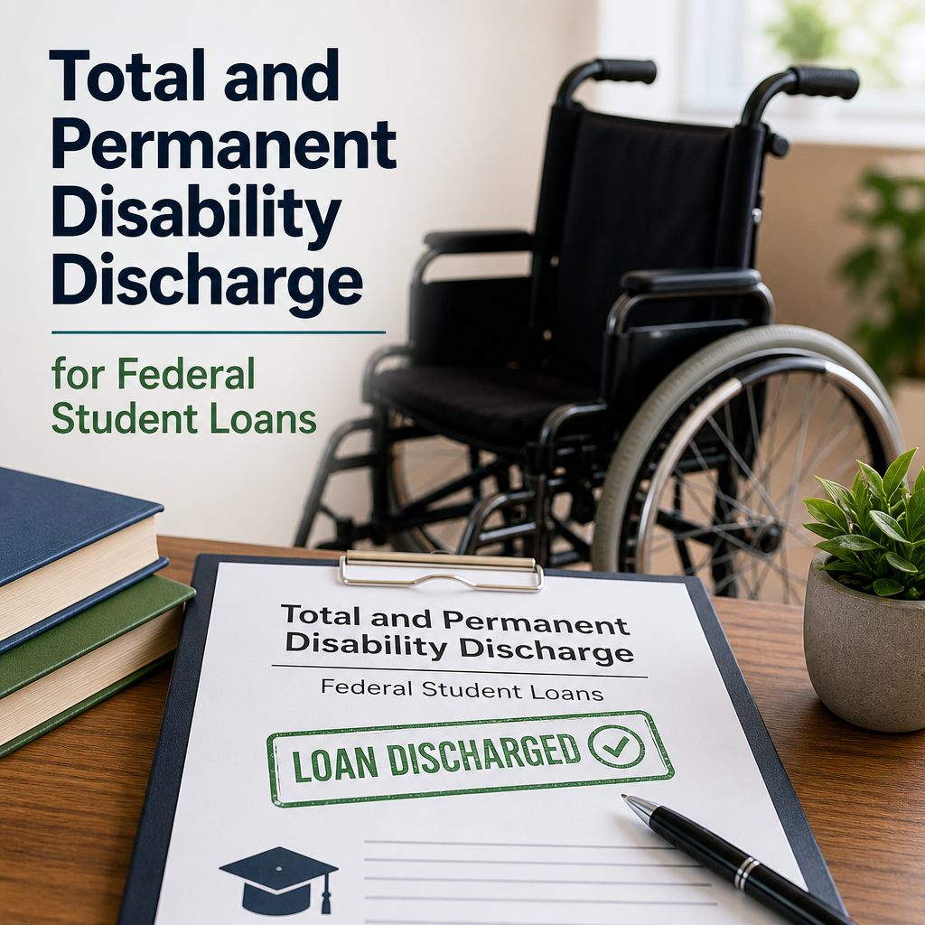 Wheelchair beside a discharged federal student loan document, illustrating total and permanent disability discharge