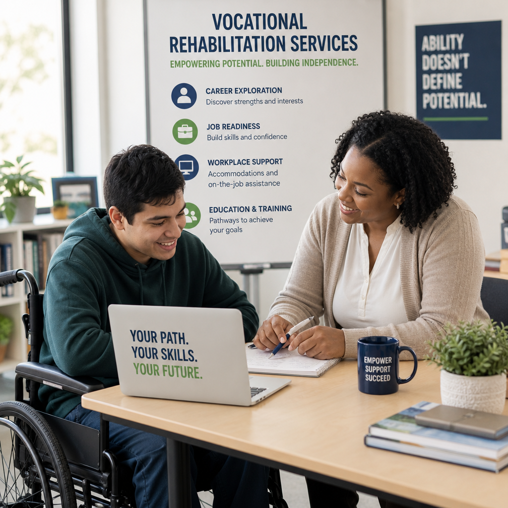 Vocational rehabilitation counselor helping a young man in a wheelchair with career planning and skill development