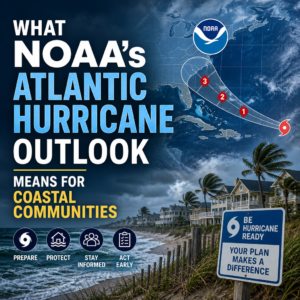 NOAA Atlantic hurricane outlook graphic with coastal preparedness tips for communities