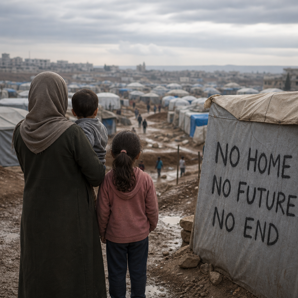 Refugee camp with tents and a family reading a sign that says “No Home No Future No End.”