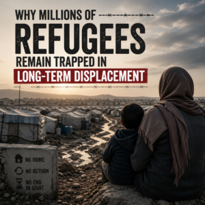 Refugees in a crowded camp, facing long-term displacement and an uncertain future