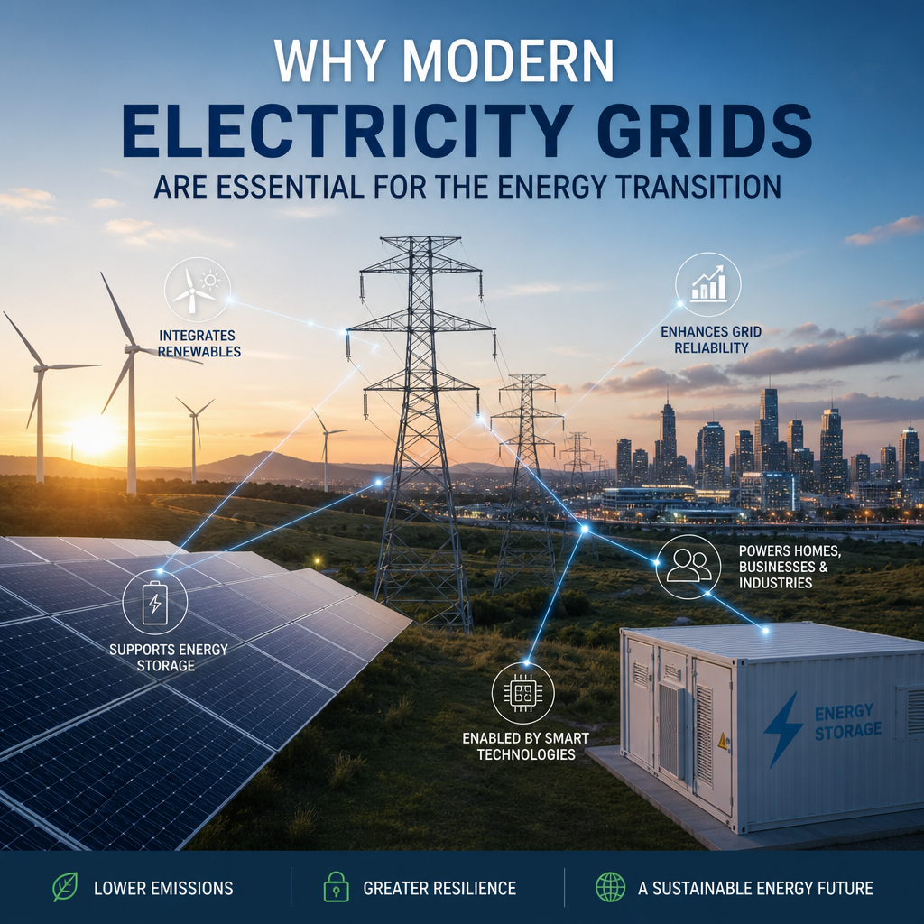 Illustration of a modern electricity grid with renewable energy, storage, and power lines supporting clean energy.