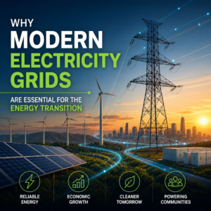 Modern electricity grid connecting wind, solar, and power lines for reliable clean energy delivery