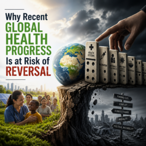Illustration of global health progress at risk from funding cuts, conflict, and climate change.