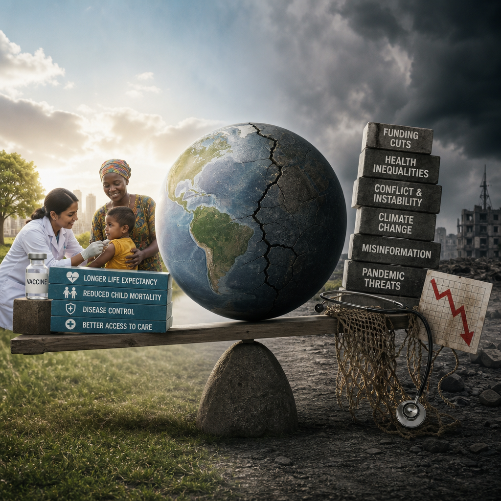 A globe balanced between hospital and climate crisis icons, showing global health progress under threat