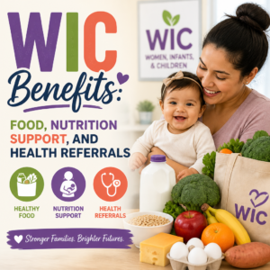 WIC benefits graphic about food, nutrition support, and health referrals for women, infants, and children